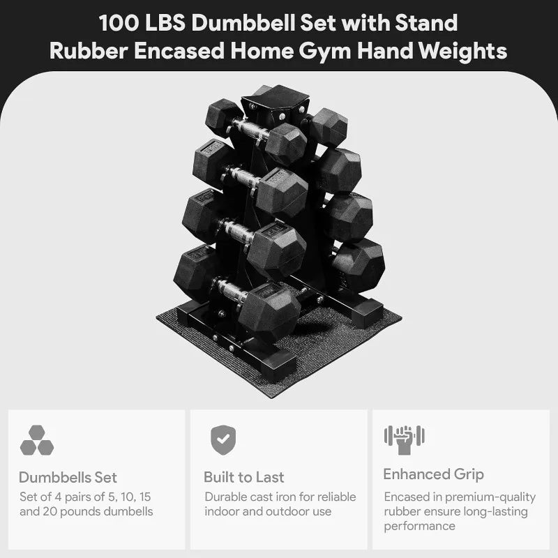 BalanceFrom 100LB or 150LB Rubber Coated Hex Dumbbell Weight Set with Storage Rack Including 5 to 20 Pounds Pairs or 5 to 25 Pounds Pairs