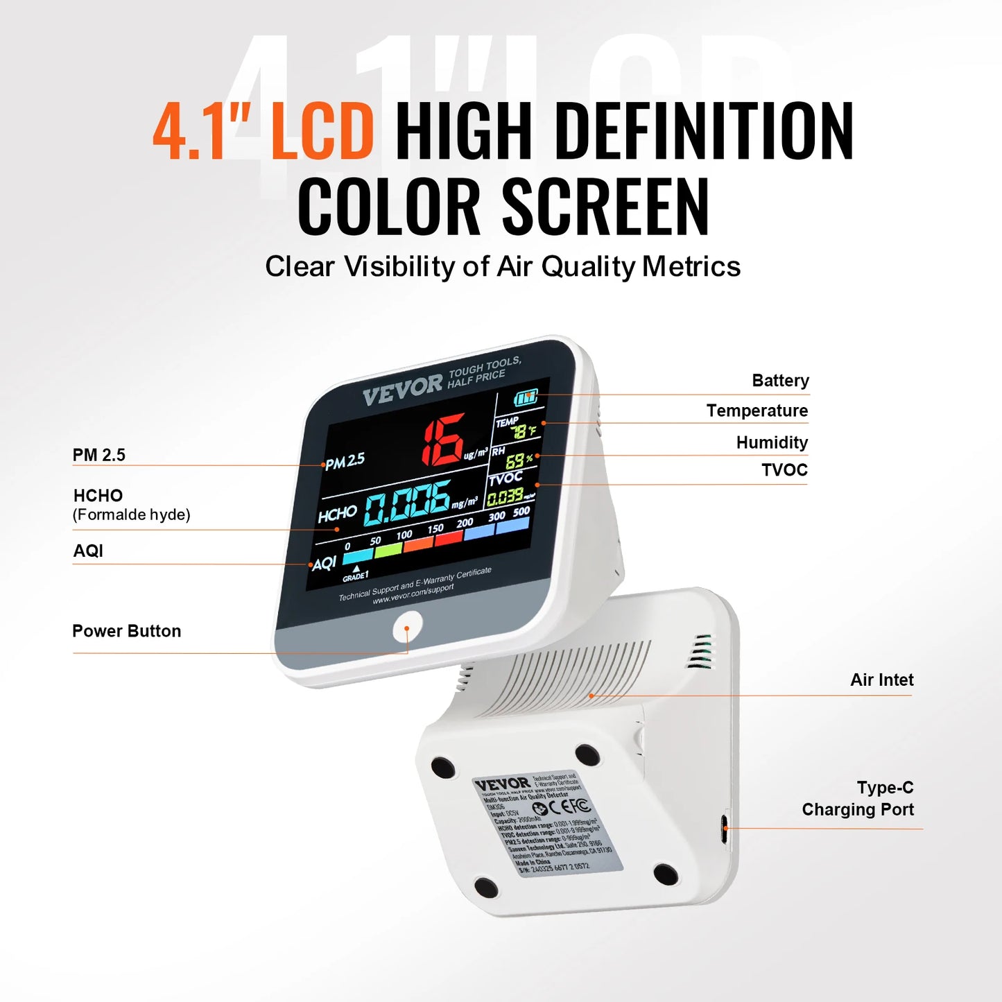 VEVOR Air Quality Monitor 8 In 1 PM2 5 PM10 PM1 0 Indoor