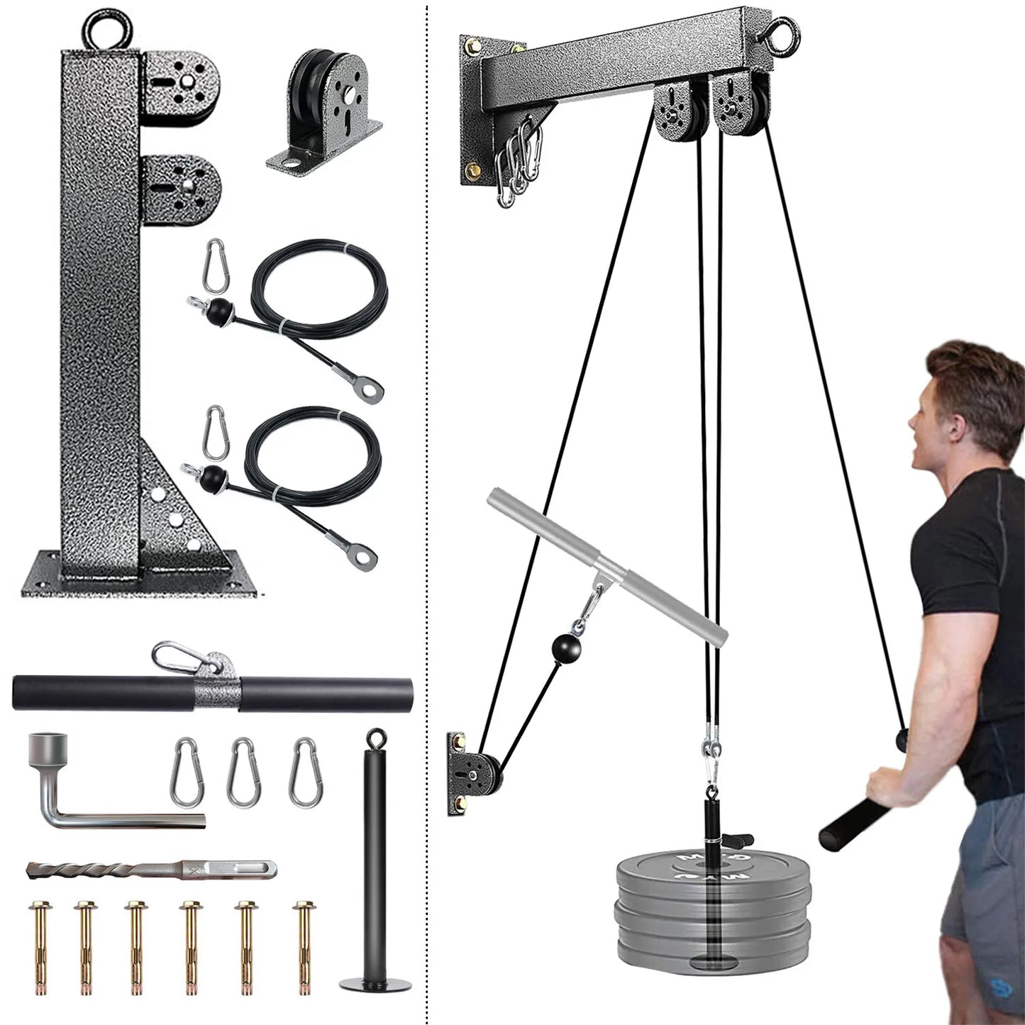 Fitness Cable Pulley System Wall Mounted LAT Pulldown Machine Tricep Rope Resistance Band Handles Gym Equipment