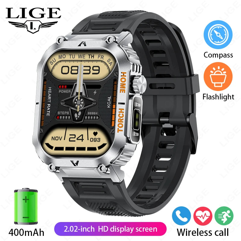 LIGE Men Smart Watch LED Flashlight Compass 3ATM Waterproof