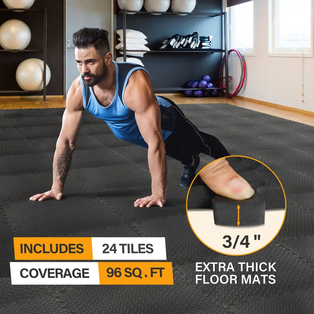Puzzle Exercise Mat 3/4 Inch Thick Interlocking Tiles Workout Equipment 24 48 72 96