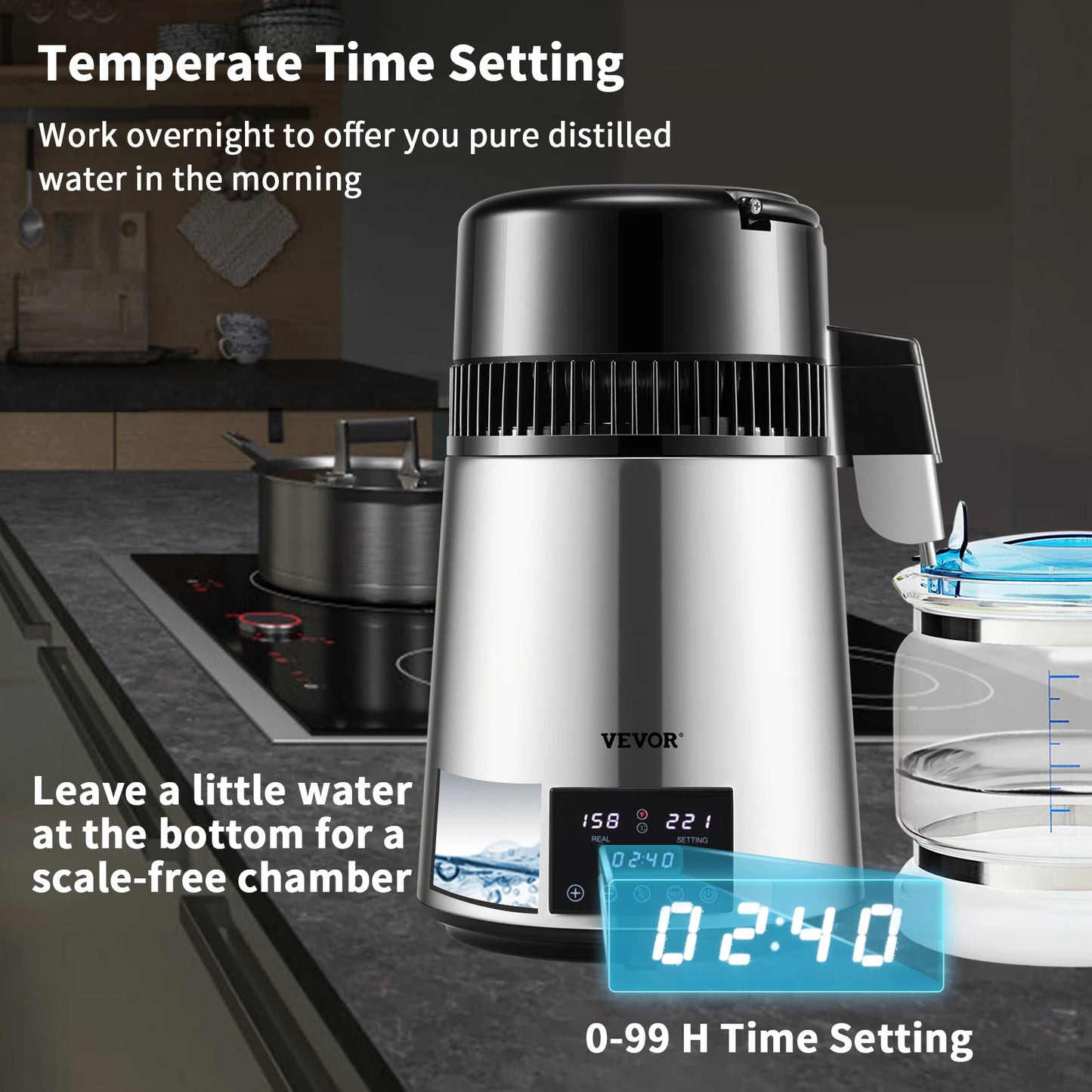 VEVOR 1.5L/H Distilling Speed 4L Water Distiller Treatmen Purifier Filter Touch Screen Time Setting 304 Stainless Home Appliance