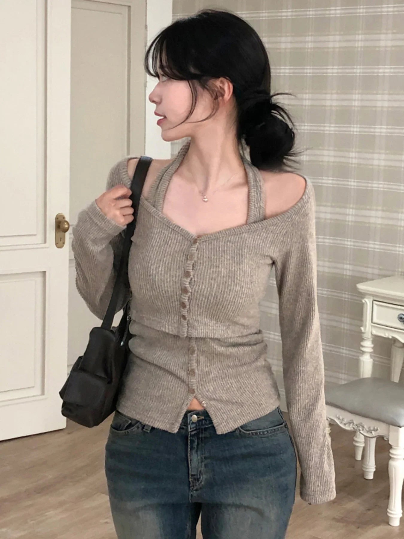 Sweetown Halter Top And Long Sleeve Blouse Set 2 Piece