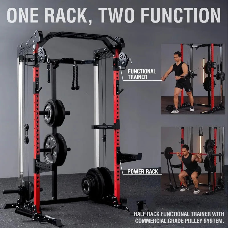 2000LB Squat Rack, Dual Pulley Cable Crossover System, Multi-function Free Weight Home Gym Workout Machine with Attachments