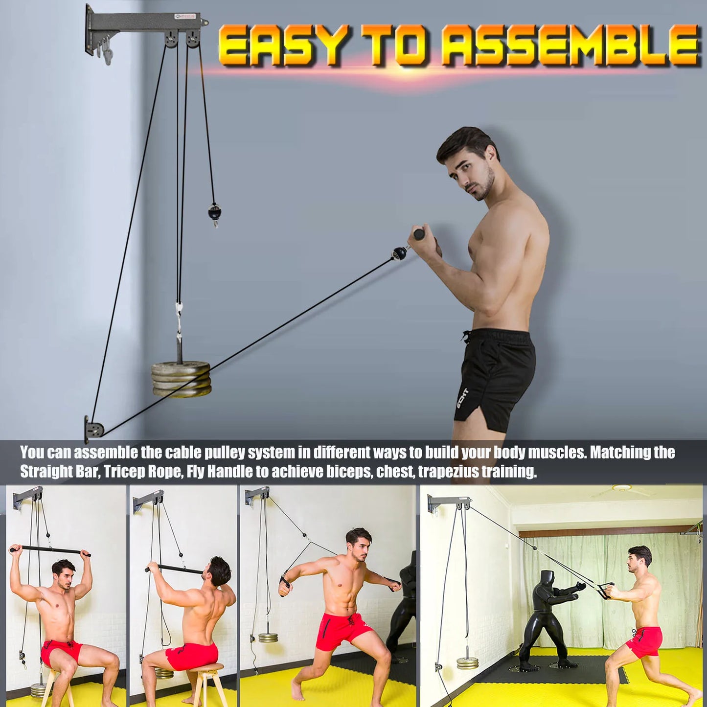 Fitness Cable Pulley System Wall Mounted LAT Pulldown Machine Tricep Rope Resistance Band Handles Gym Equipment