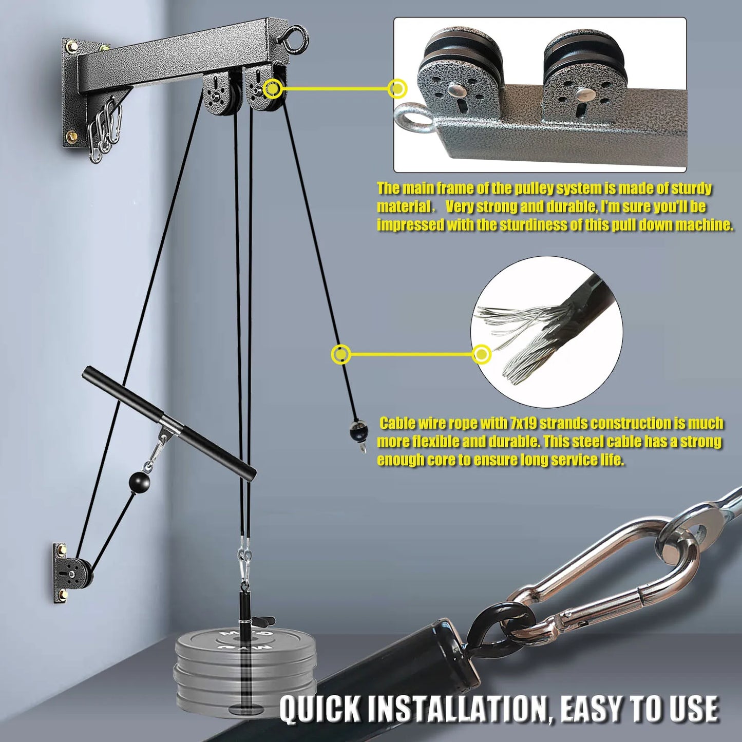 Fitness Cable Pulley System Wall Mounted LAT Pulldown Machine Tricep Rope Resistance Band Handles Gym Equipment