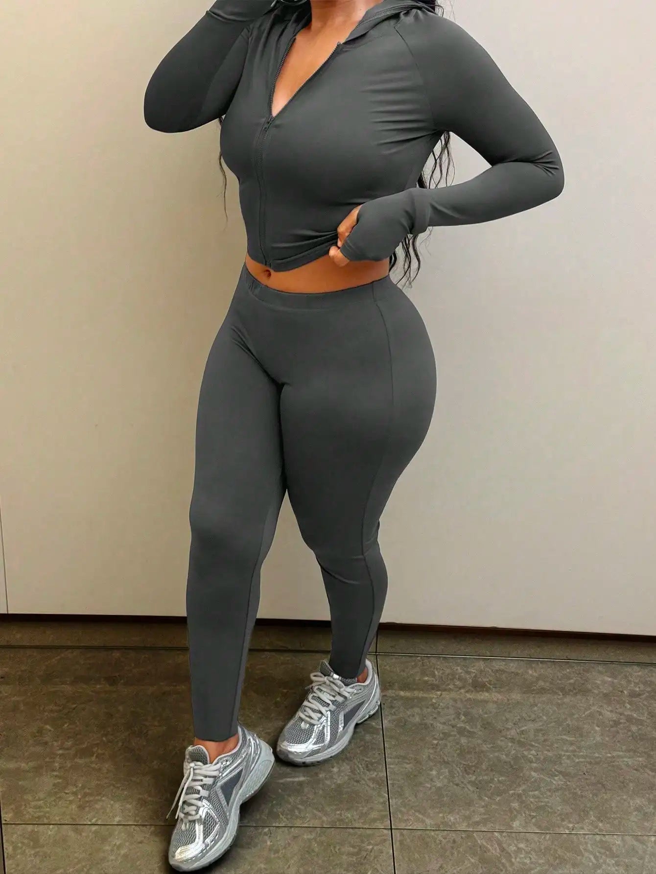 Women's Solid Color Yoga Set Long Sleeve Tee and High Waist Casual Pants Workout Gym Activewear Lounge Outfit