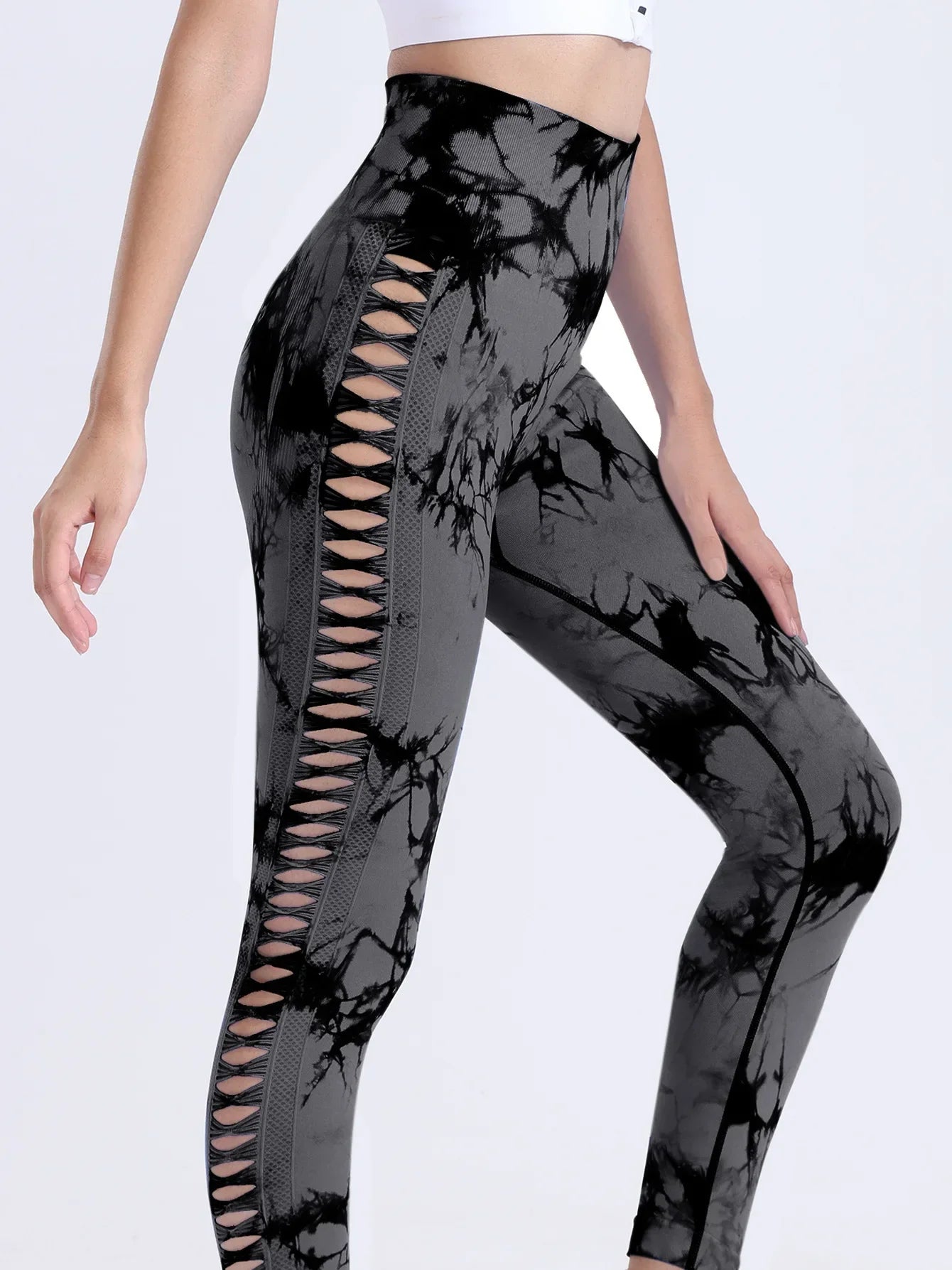 US Warehouse Seamless Yoga Pants Women Sport Leggings Fitness Gym Tight Push Up Running Pants Hollow Out Tie Dye Thunder Print