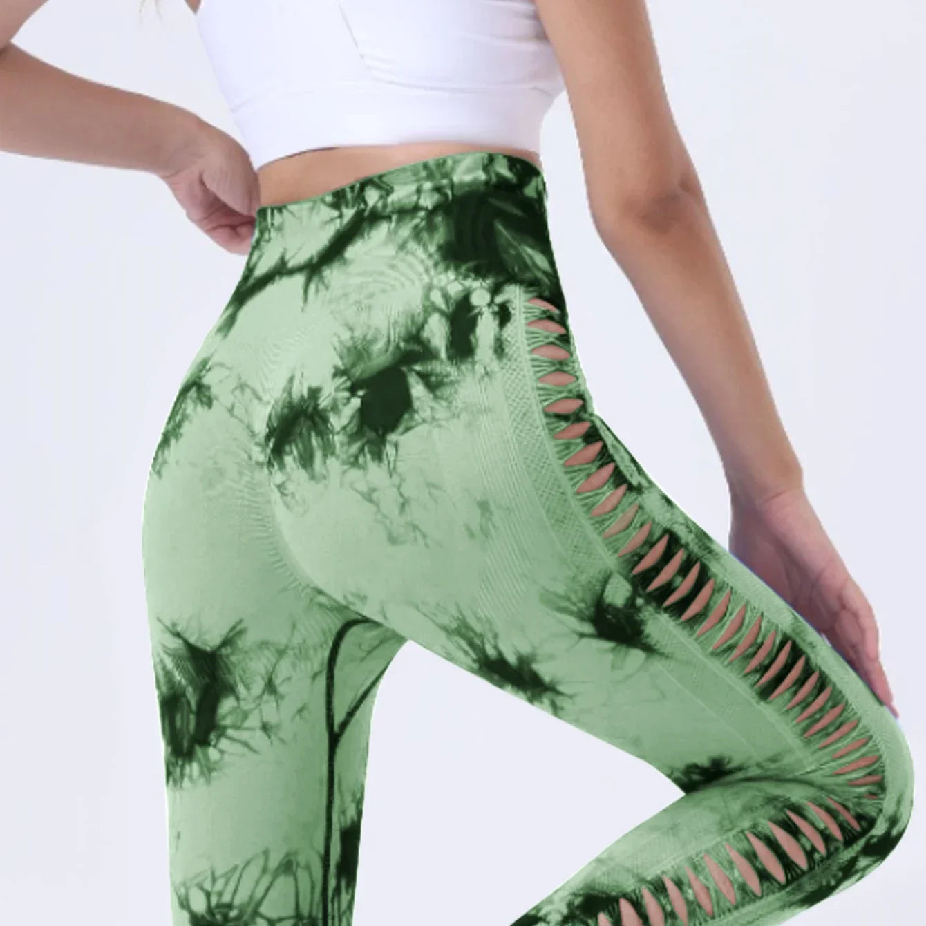 US Warehouse Seamless Yoga Pants Women Sport Leggings Fitness Gym Tight Push Up Running Pants Hollow Out Tie Dye Thunder Print