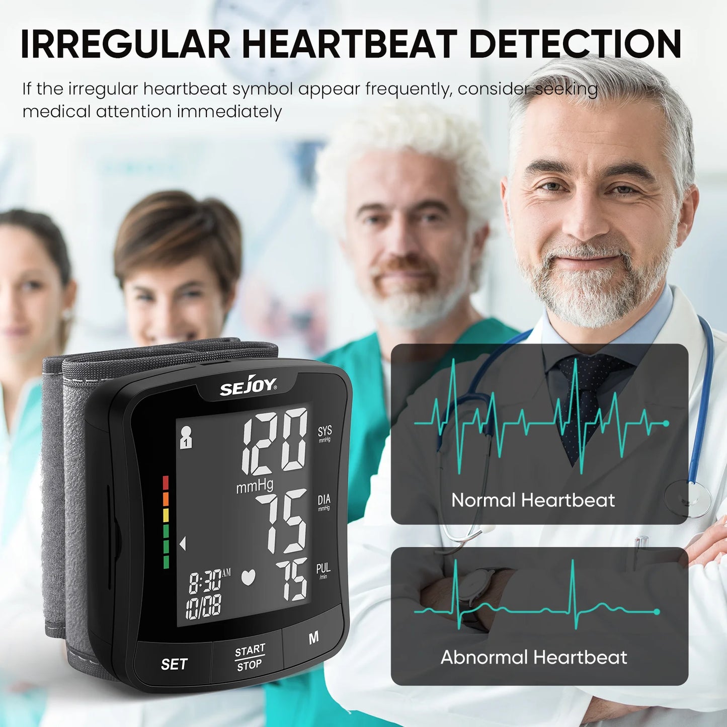 Sejoy Electronic Blood Pressure Monitor Wrist Cuff Tonometer Digital Sphygmomanometer with Large LCD Display