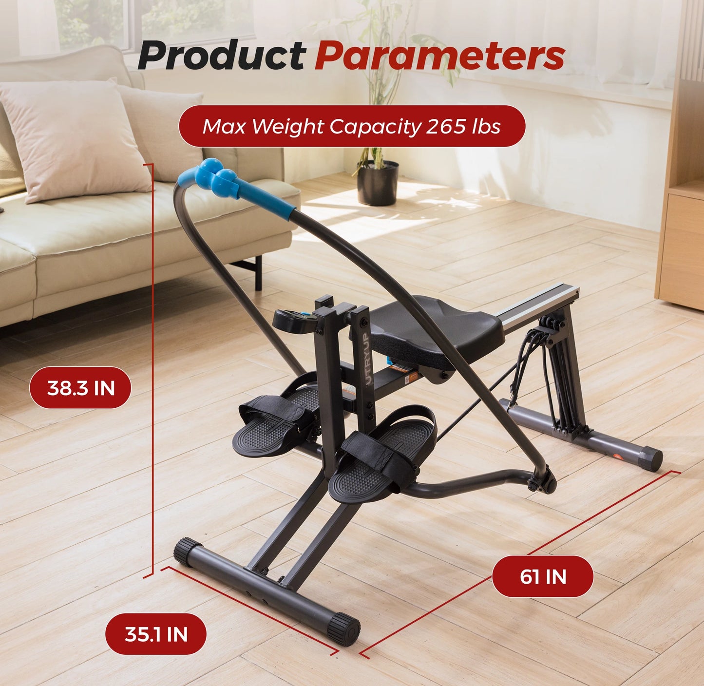 UTRYUP Sculls Rowing Machine Smooth Rowing Experience Space Saving Ergonomic Seat Adjustable Footrests Quiet Operation Home Gym