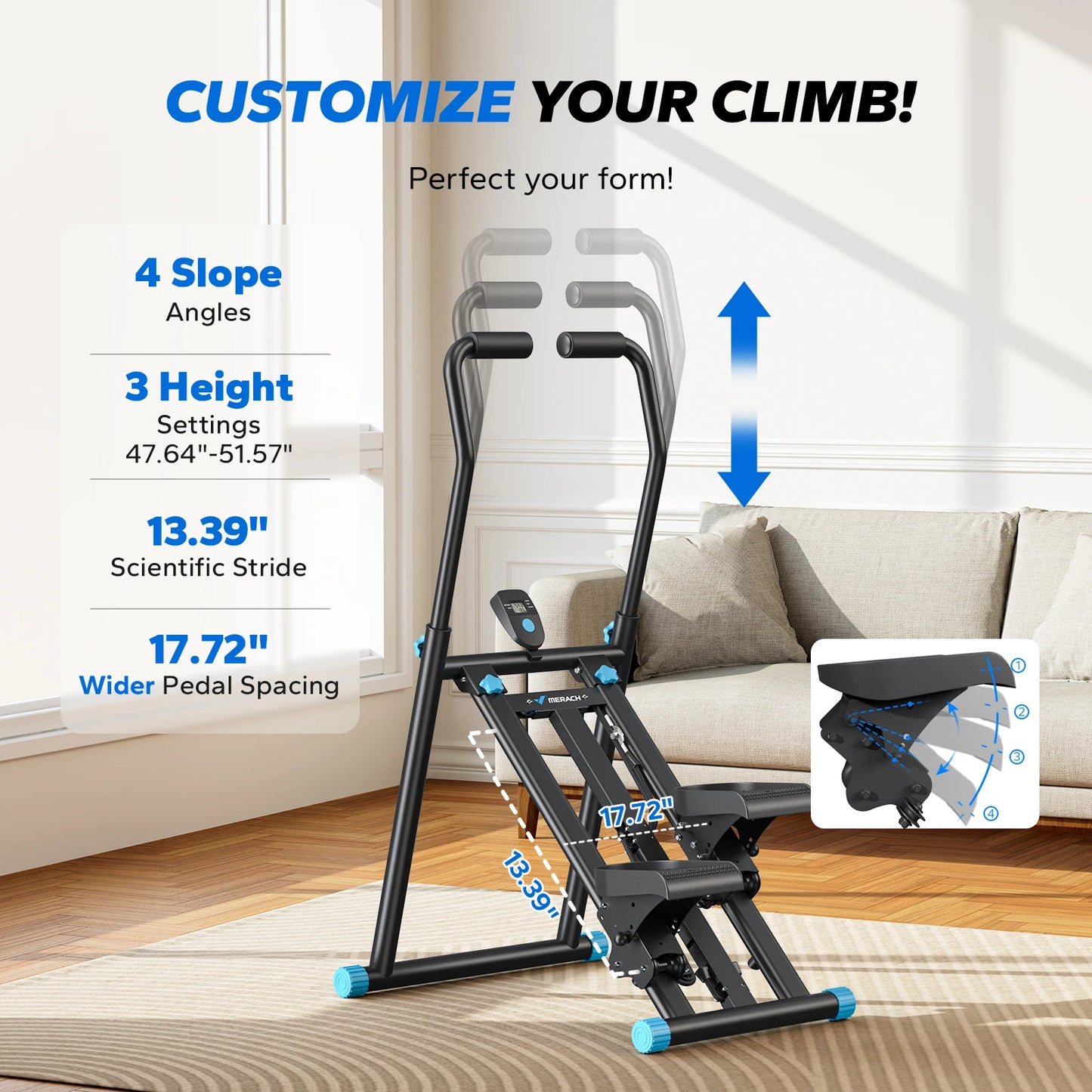 MERACH Stair Stepper New Version Vertical Compact Folding Exercise Climber with Extended Step Range Adjustable Handlebar&Pedals
