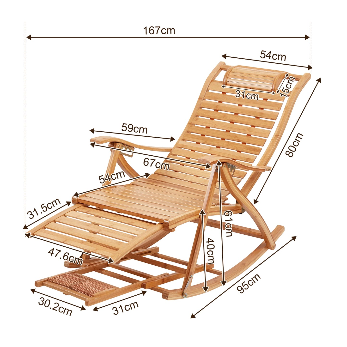 BINGOPAW Heavy Duty Bamboo Rocking Chair Adjustable Lounge