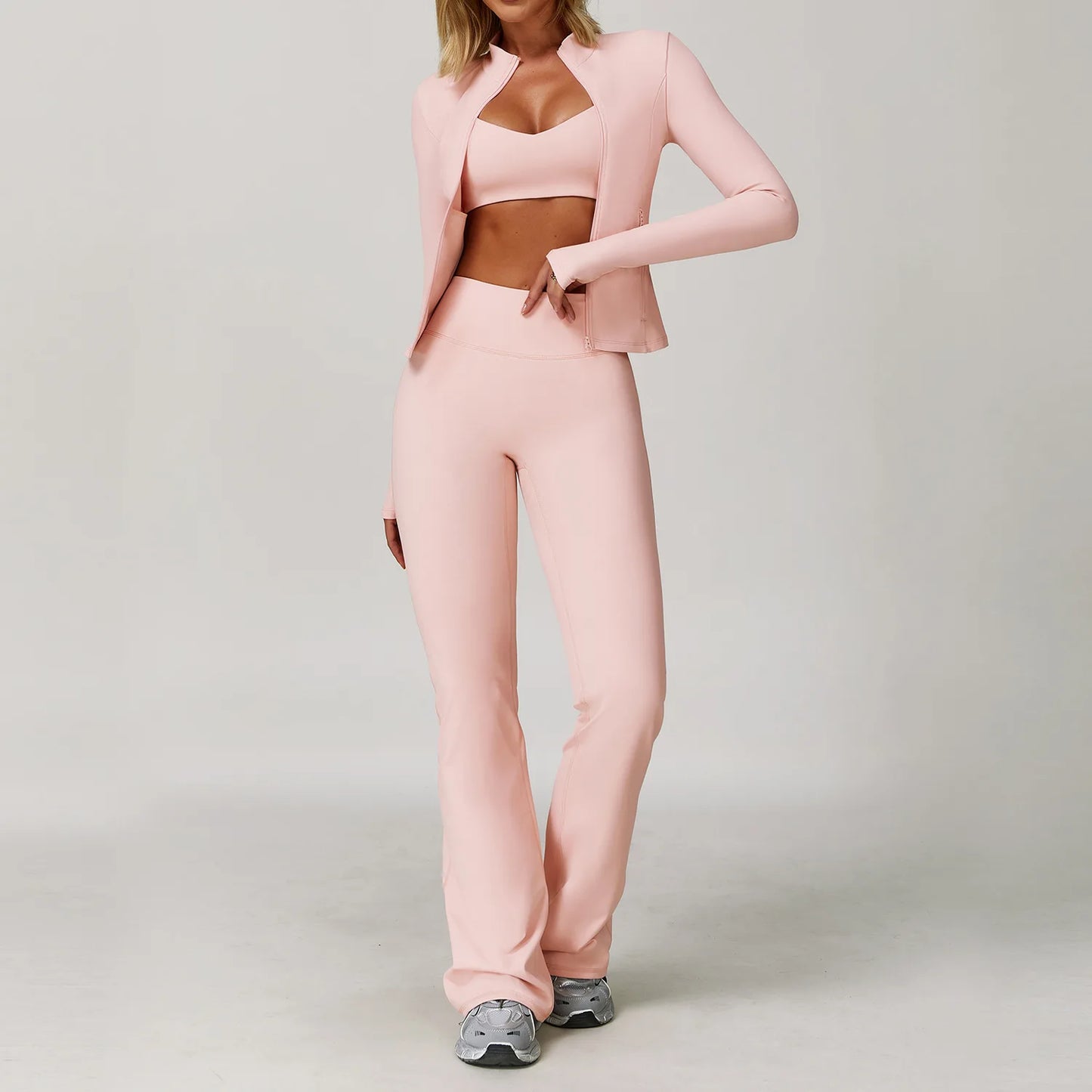 Women 3 Piece Gym Set Yoga Bra Jacket High Waistwear