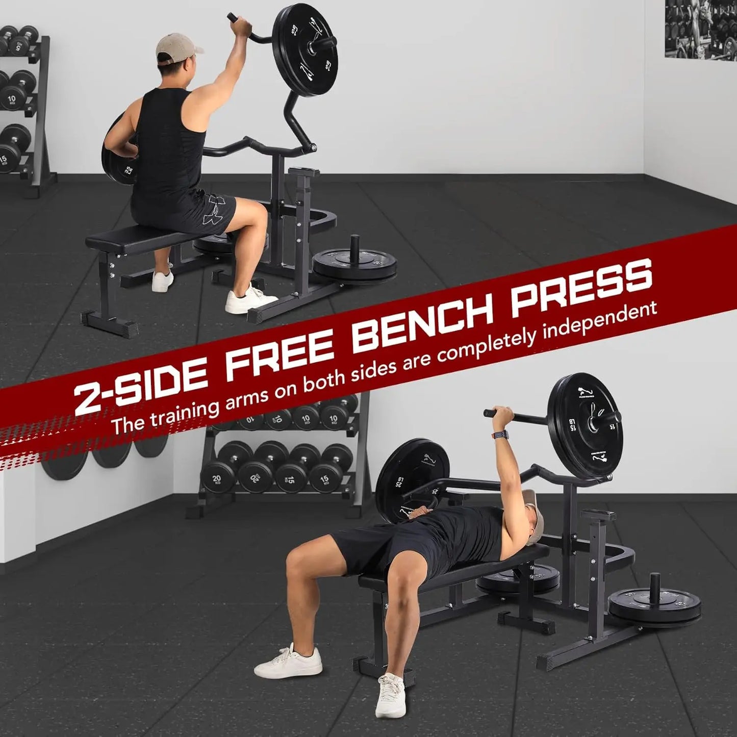 Chest Press Machine With Independent Converging Arms And Flat Bench