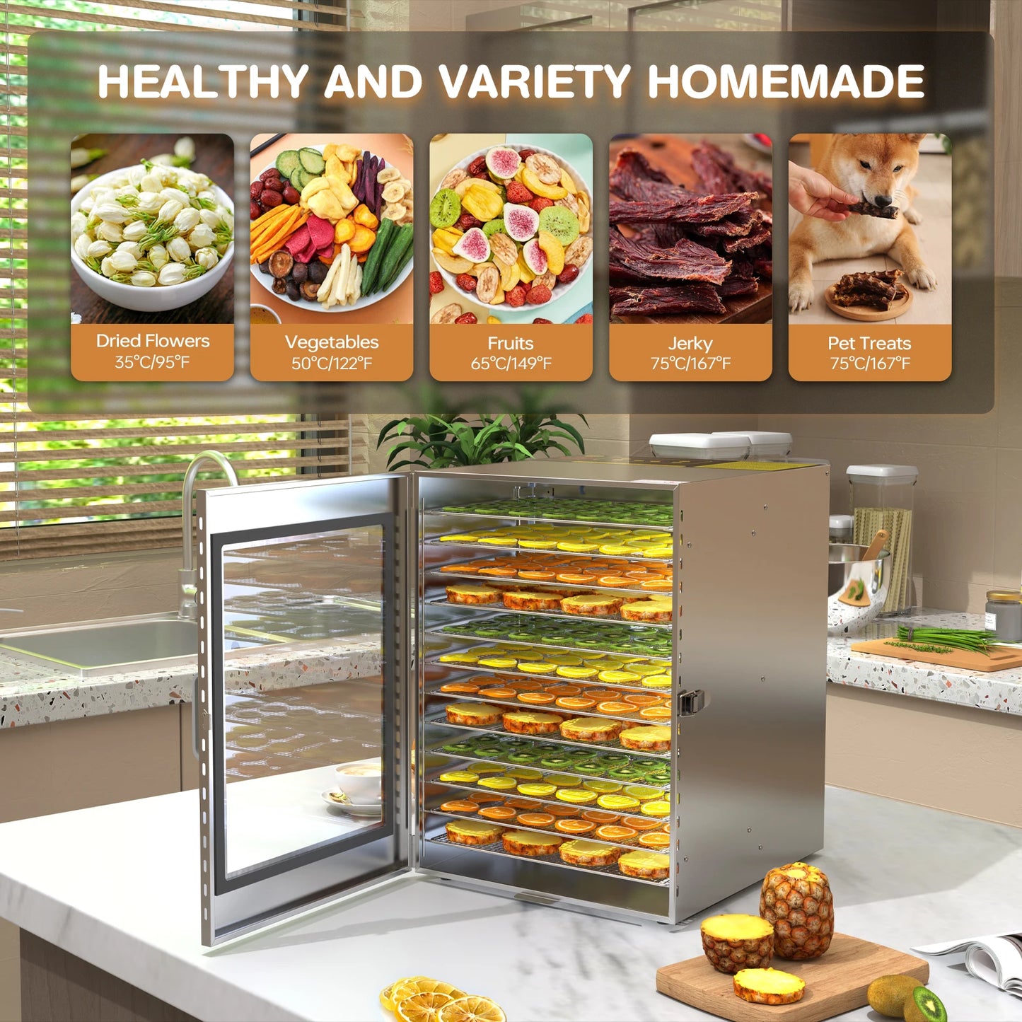 Lecon Chef Food Dehydrator Machine, 12 Stainless Steel Trays Food-Dryer 24H Timer & 194ºF Temperature Control 1000W Dehydrators