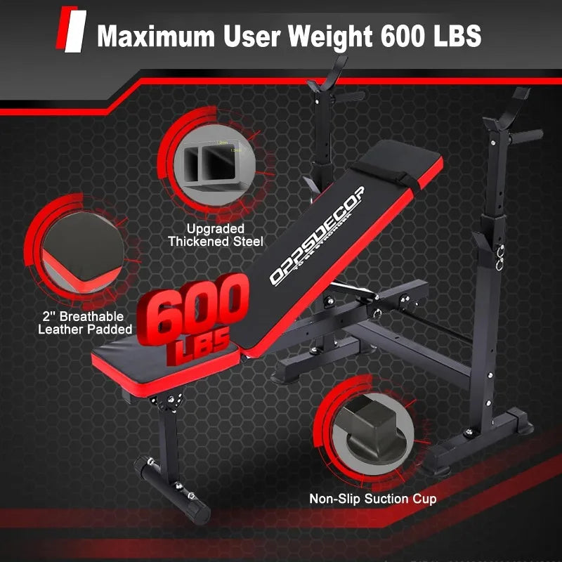 OPPSDECOR 6 in 1 660lbs Weight Bench Set with Squat Rack, Bench Press Set with Barbell Rack