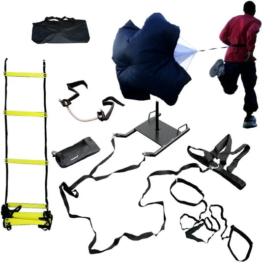 Cross Training Bundle KIT (5 PC Set)- 20 FT Agility Ladder, XL Resistance Parachute, Power Sled, Lateral Side Stepper