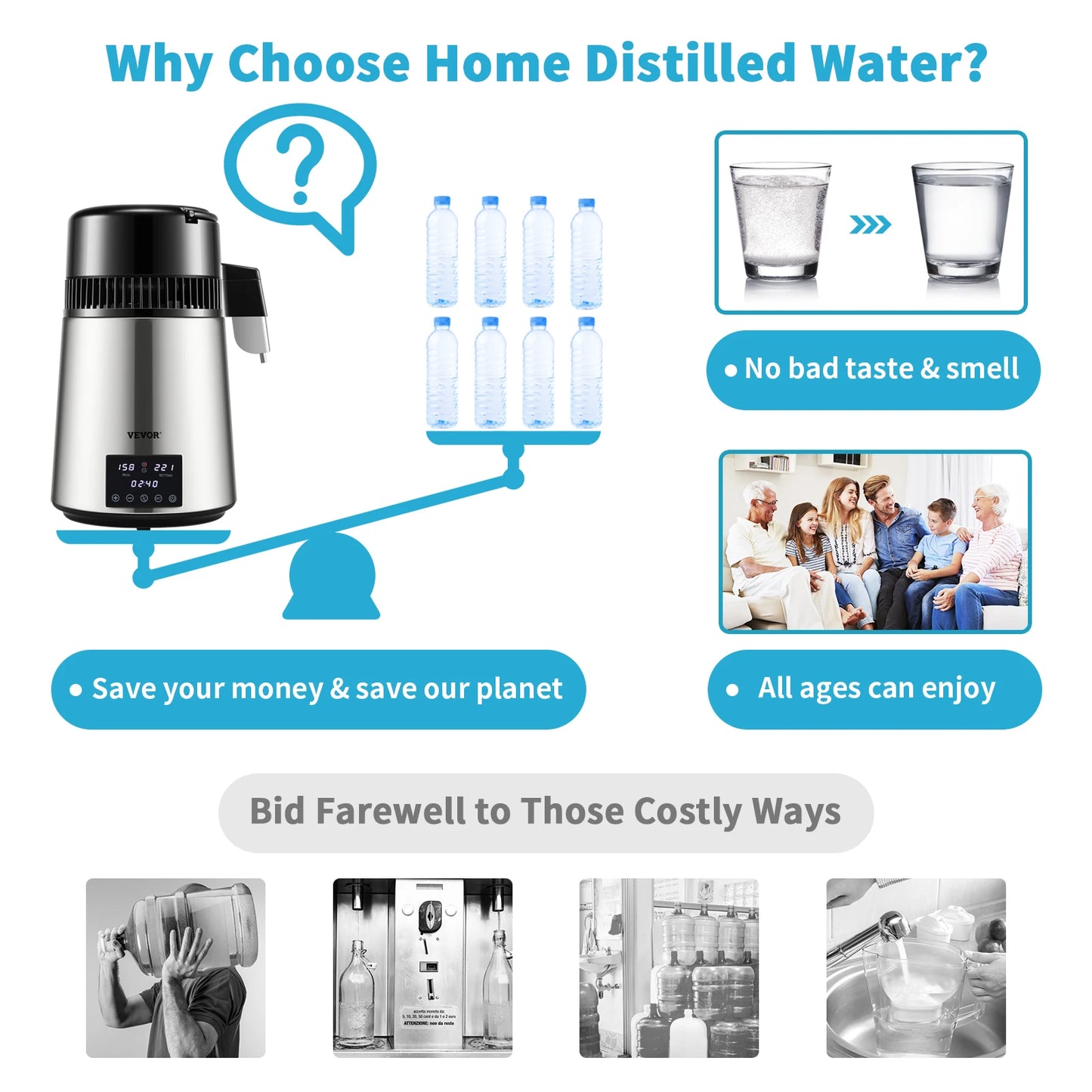VEVOR 1.5L/H Distilling Speed 4L Water Distiller Treatmen Purifier Filter Touch Screen Time Setting 304 Stainless Home Appliance