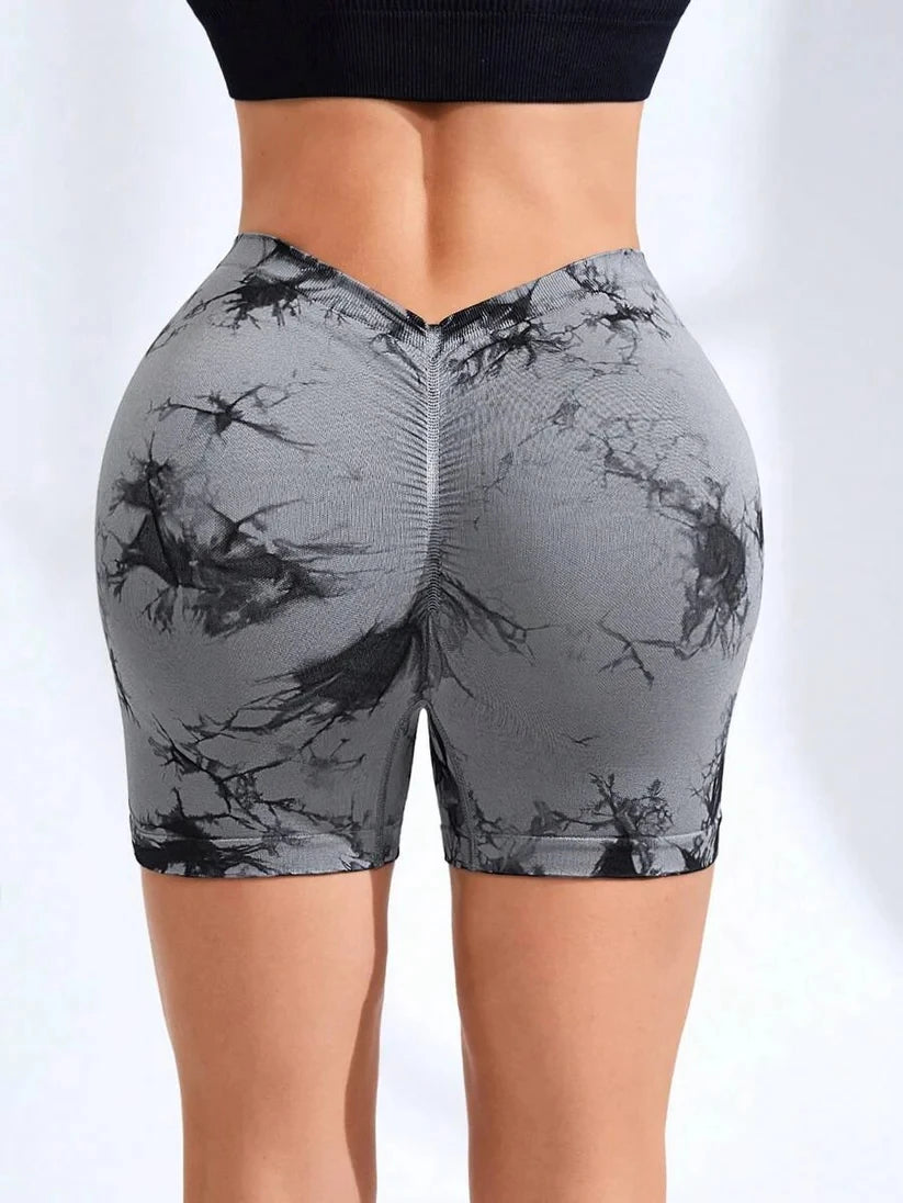 2 PACK Us Local Deep V Back Tie Dye Shorts for Women, Leisure Tie Dye Butt Lift Tight Yoga Gym Shorts