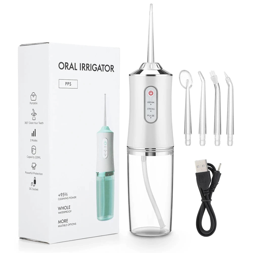 Oral Irrigator Portable Dental Water Flosser USB Rechargeable Water Jet Floss Tooth Pick 4 Jet Tip 220ml 3 Modes Teeth Cleaner ﻿