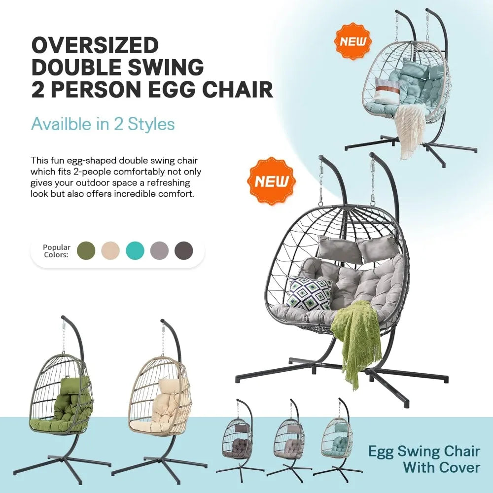 2-Person Double Egg Swing Chair With Stand Indoor Outdoor Use