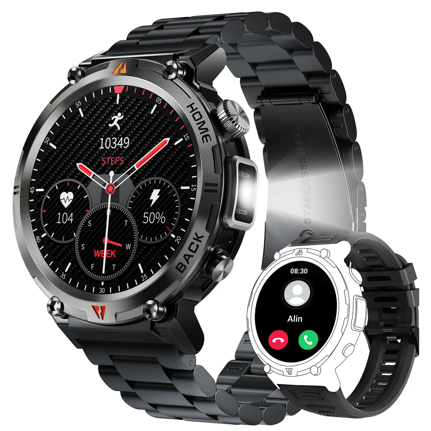 EIGIIS 2024 New KE3 Bluetooth Call Smart Watch for Men Full Touch Screen Health Monitor with Flashlight for IOS and Android