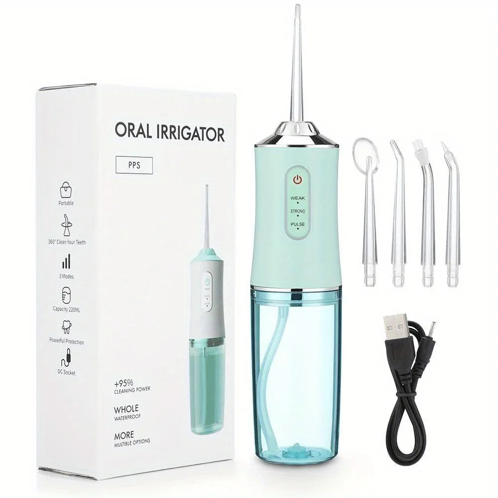Oral Irrigator Portable Dental Water Flosser USB Rechargeable Water Jet Floss Tooth Pick 4 Jet Tip 220ml 3 Modes Teeth Cleaner ﻿