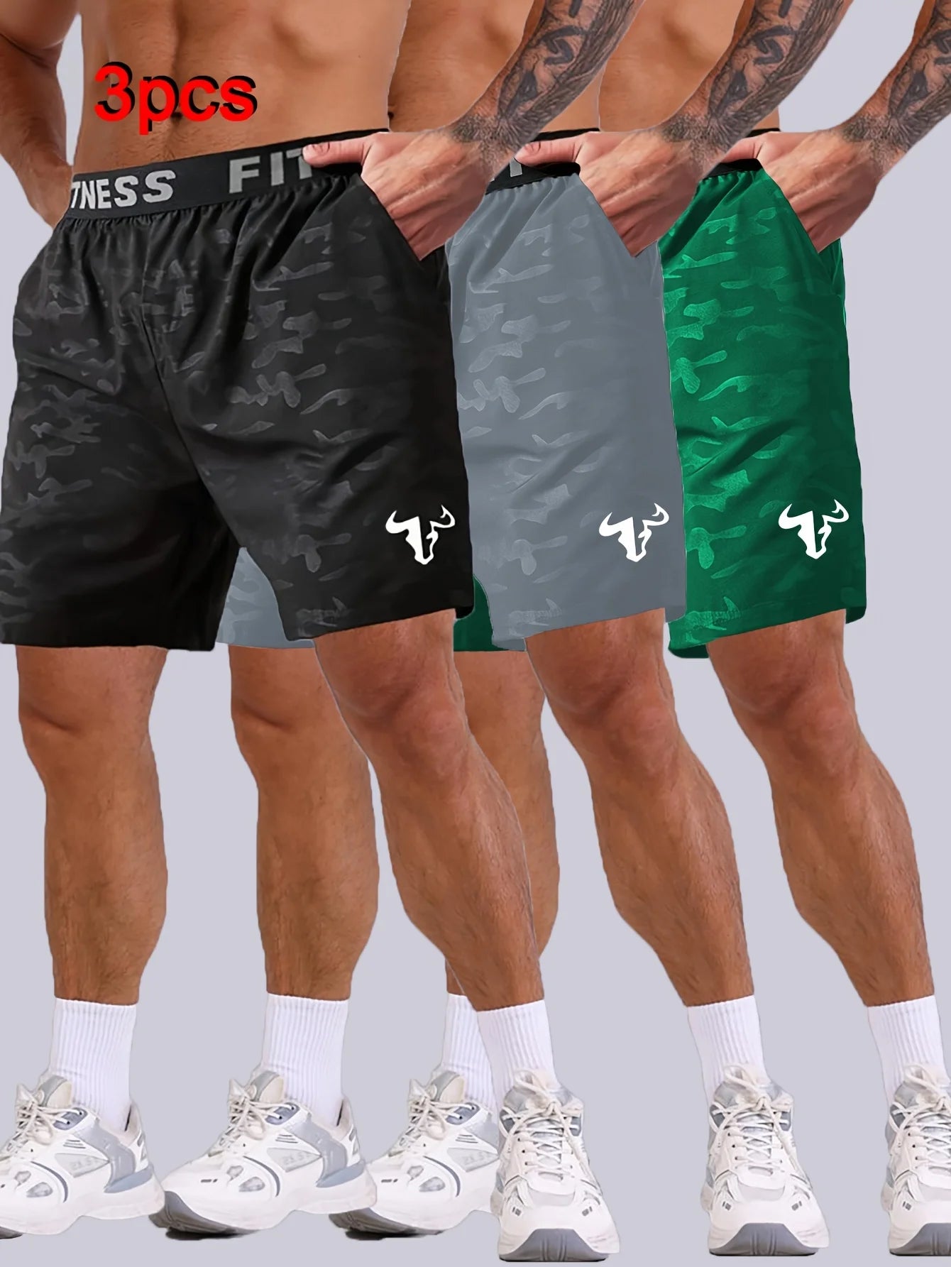 Men's Bull Print Sports Shorts 3 Piece Set for Running