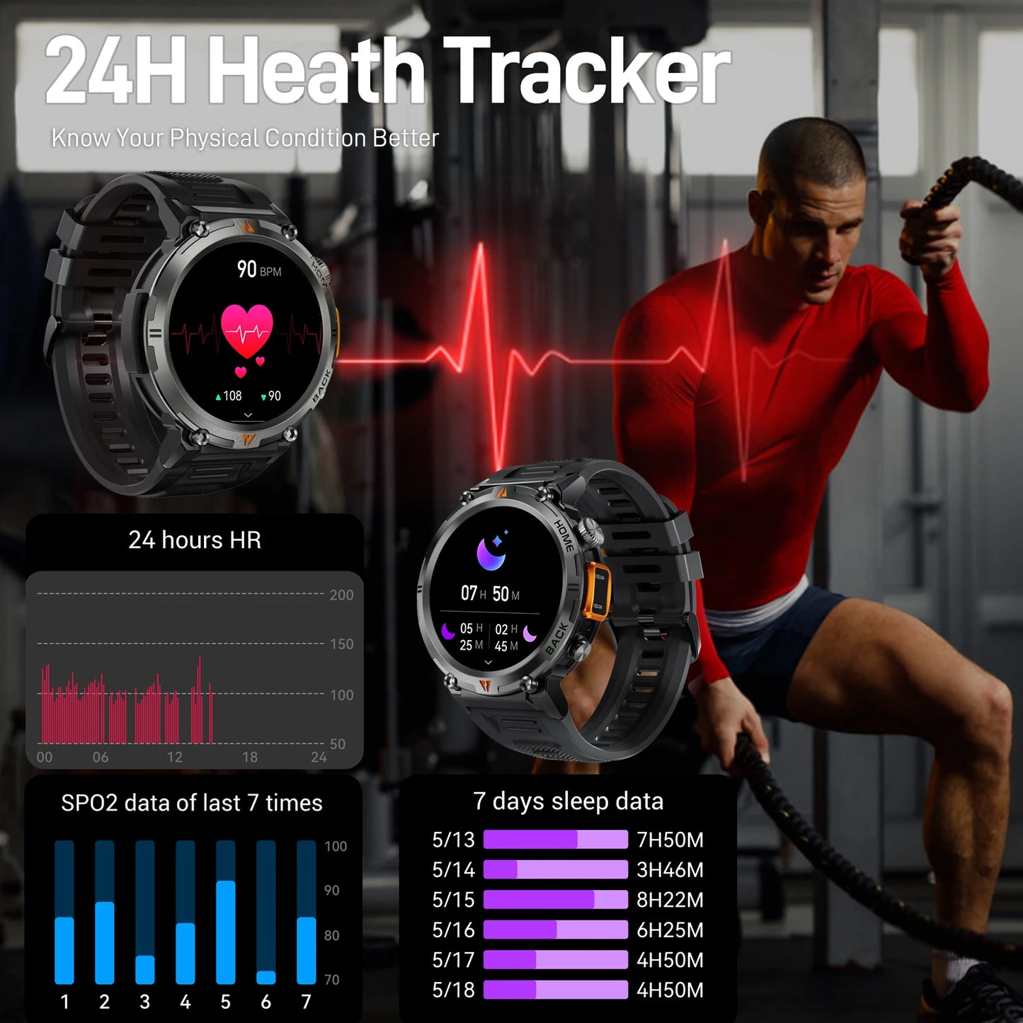 EIGIIS 2024 New KE3 Bluetooth Call Smart Watch for Men Full Touch Screen Health Monitor with Flashlight for IOS and Android