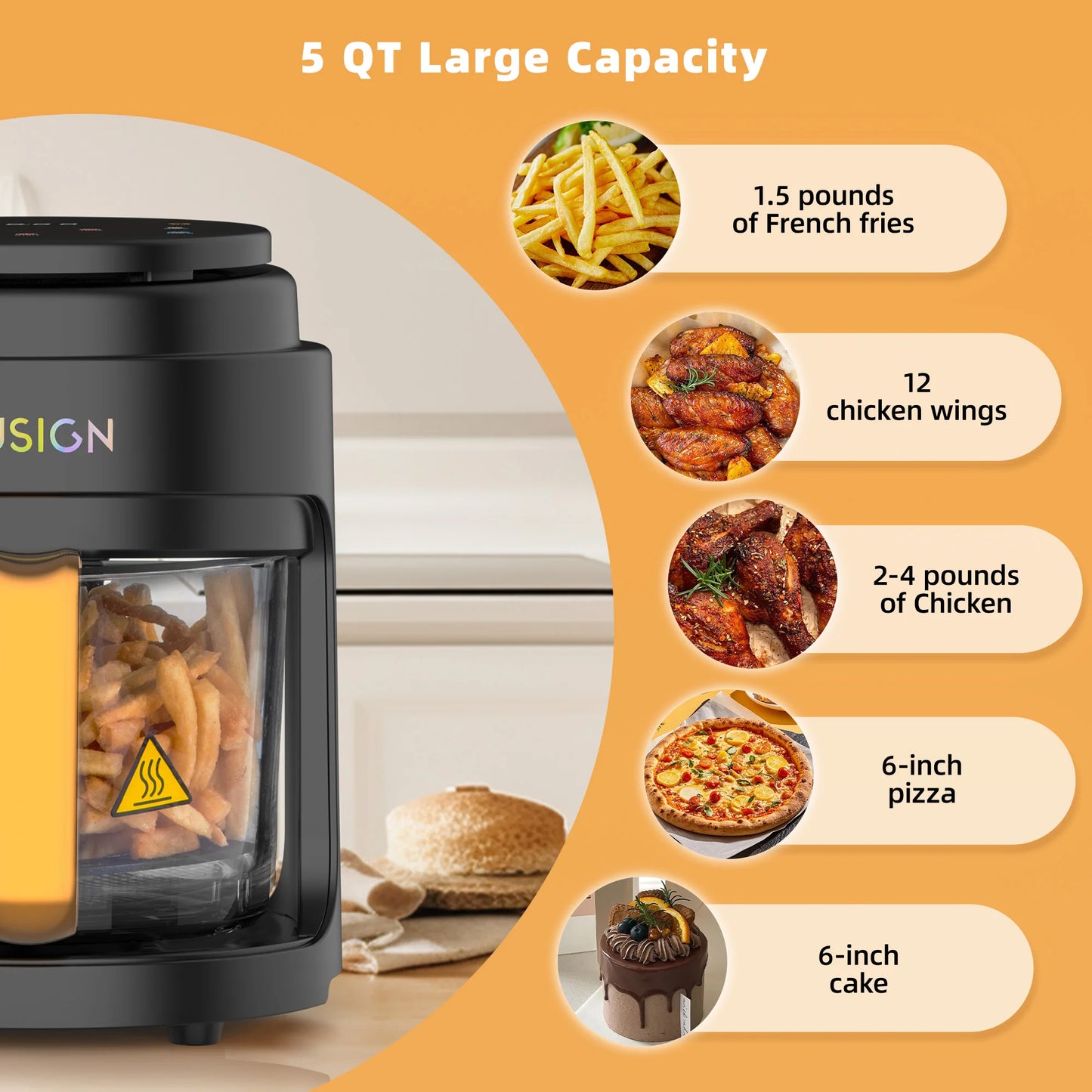 Deli 1000W Digital Air Fryer With Glass Window Touchscreen