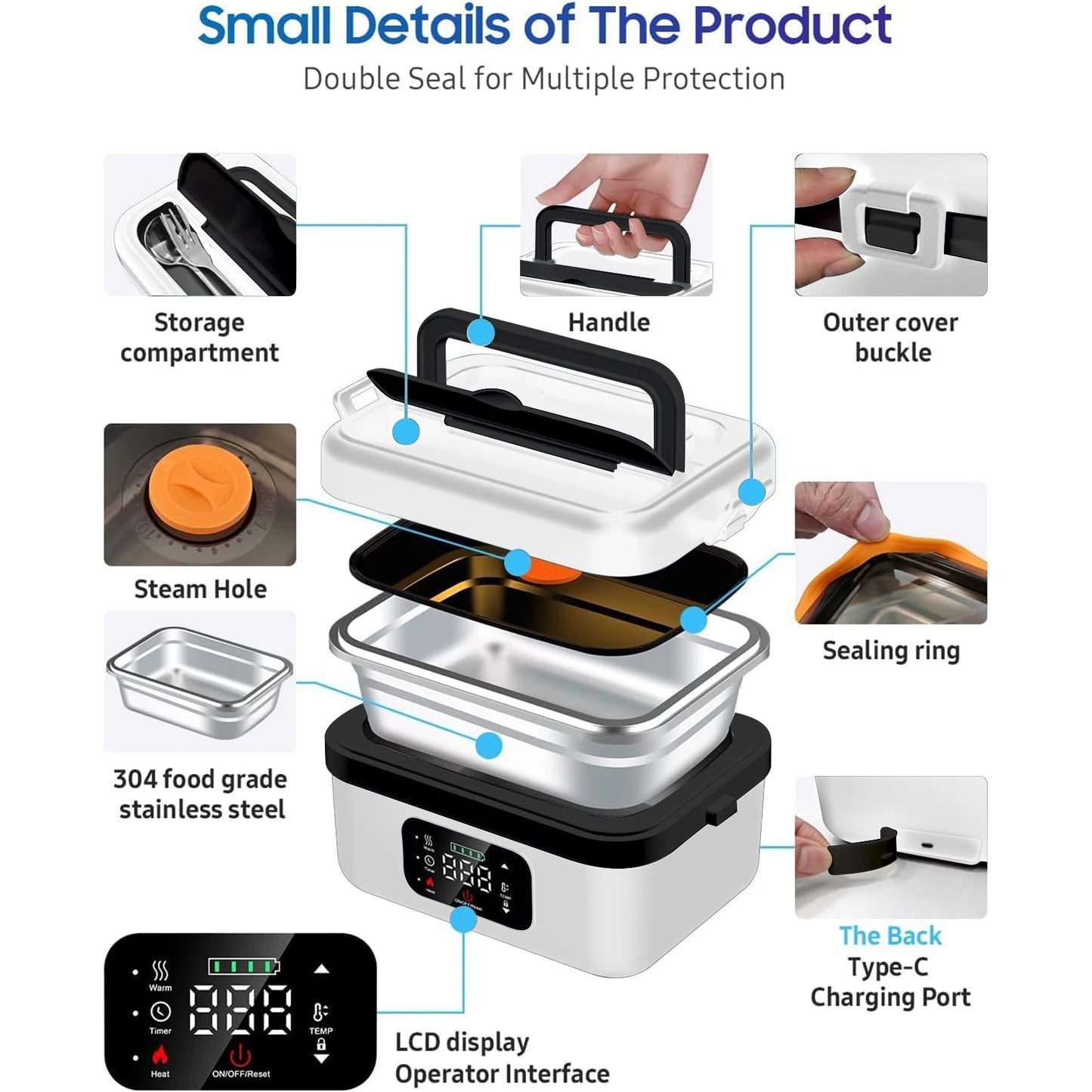 Rechargeable Timer Heated Lunch Box With Fork And Bag