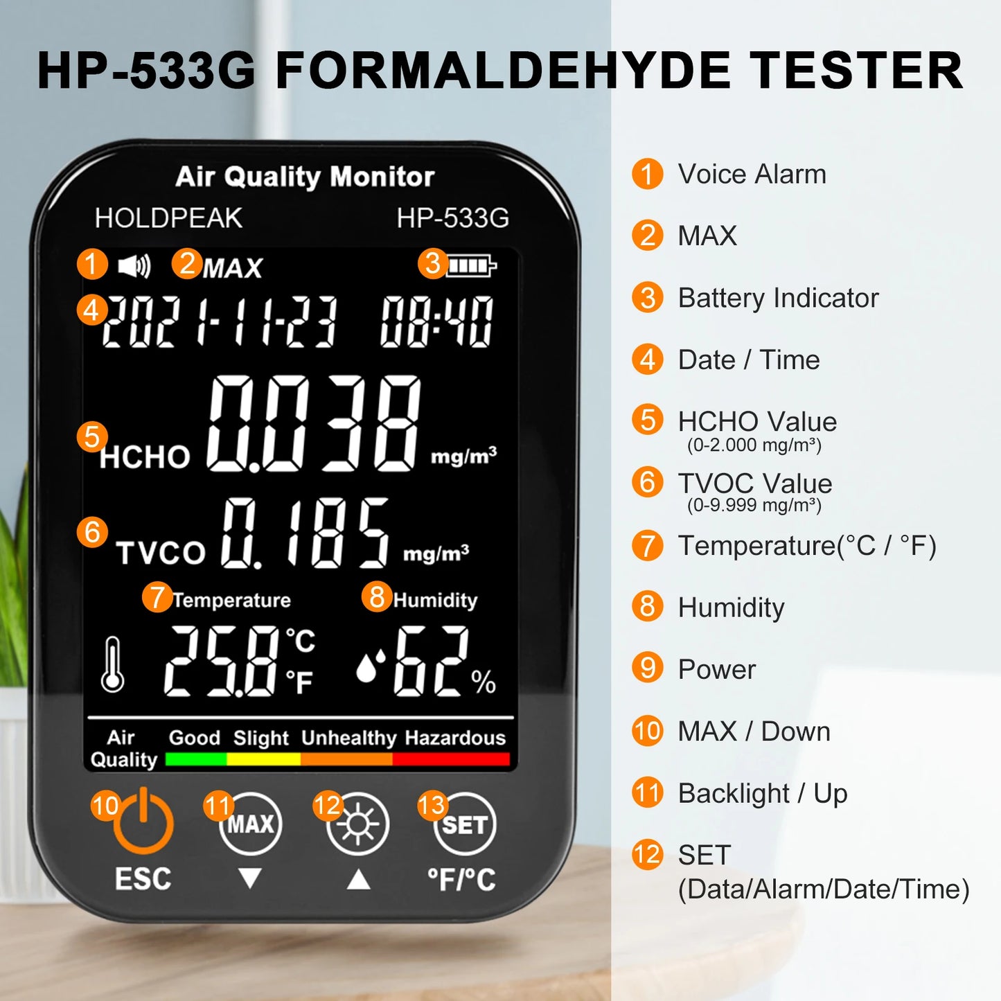 HoldPeak Portable Air Quality Monitor HCHO TVOC Humidity