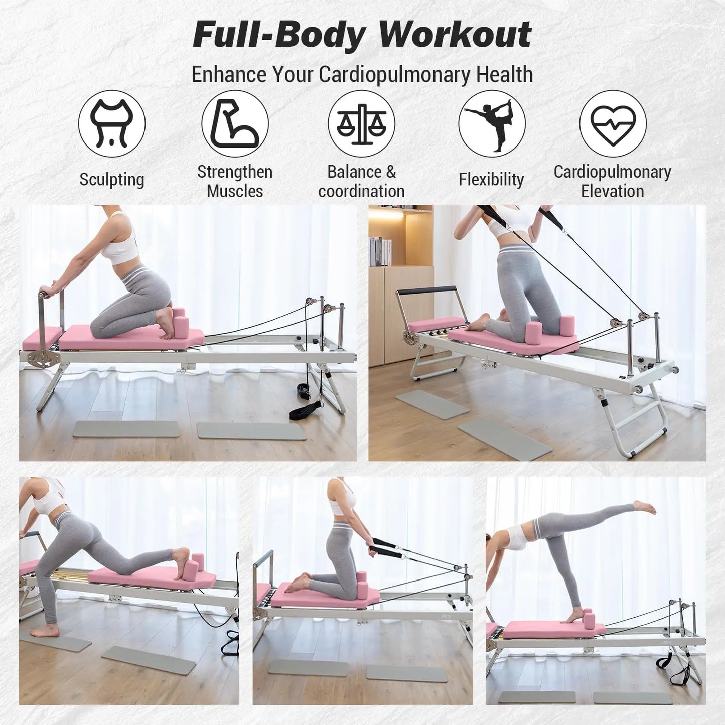 Foldable Pilates Reformer Machine for Home Use and Gym Workout for Beginners and Advanced Users Up to 250 Pounds
