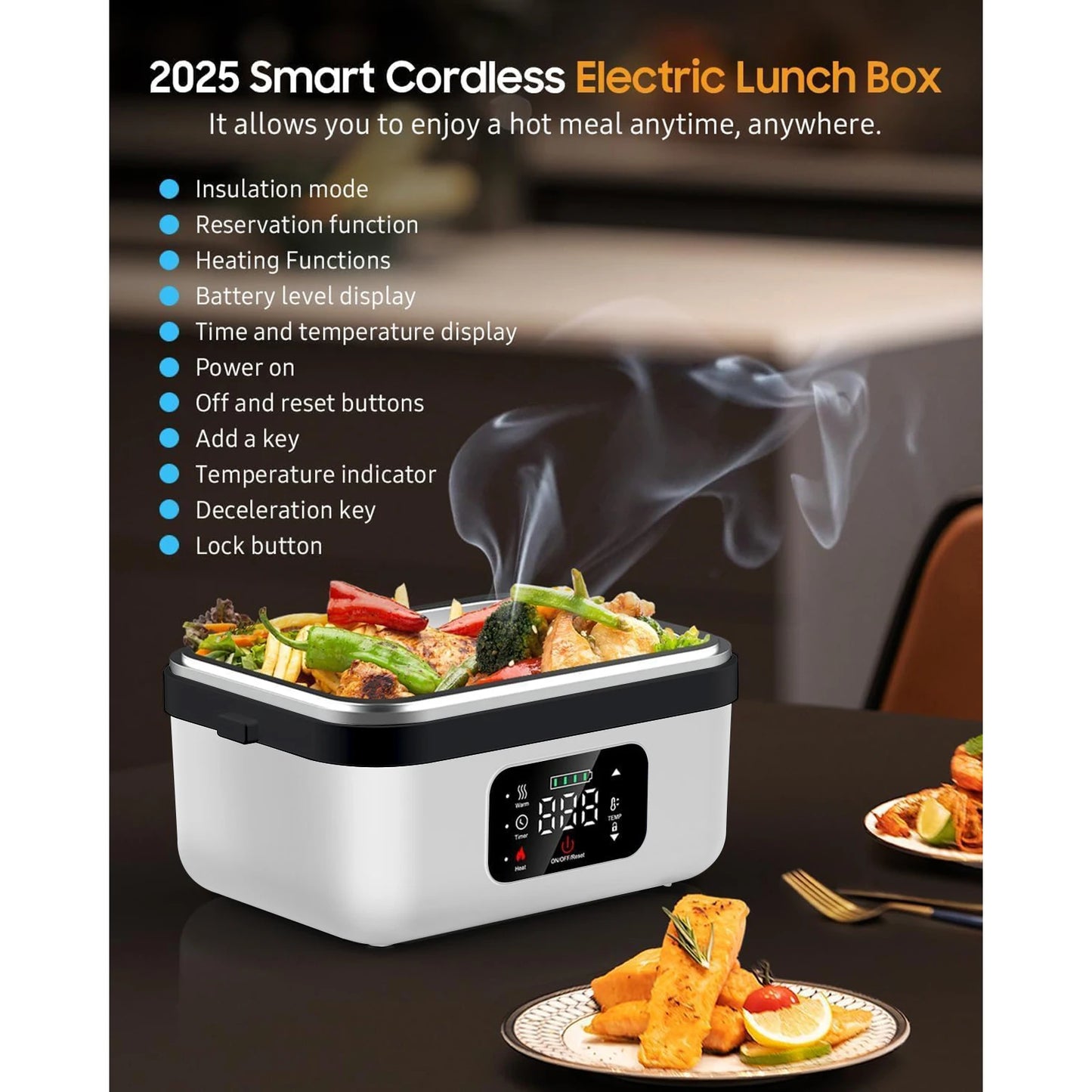 Rechargeable Timer Heated Lunch Box With Fork And Bag