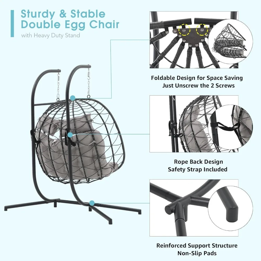 2-Person Double Egg Swing Chair With Stand Indoor Outdoor Use