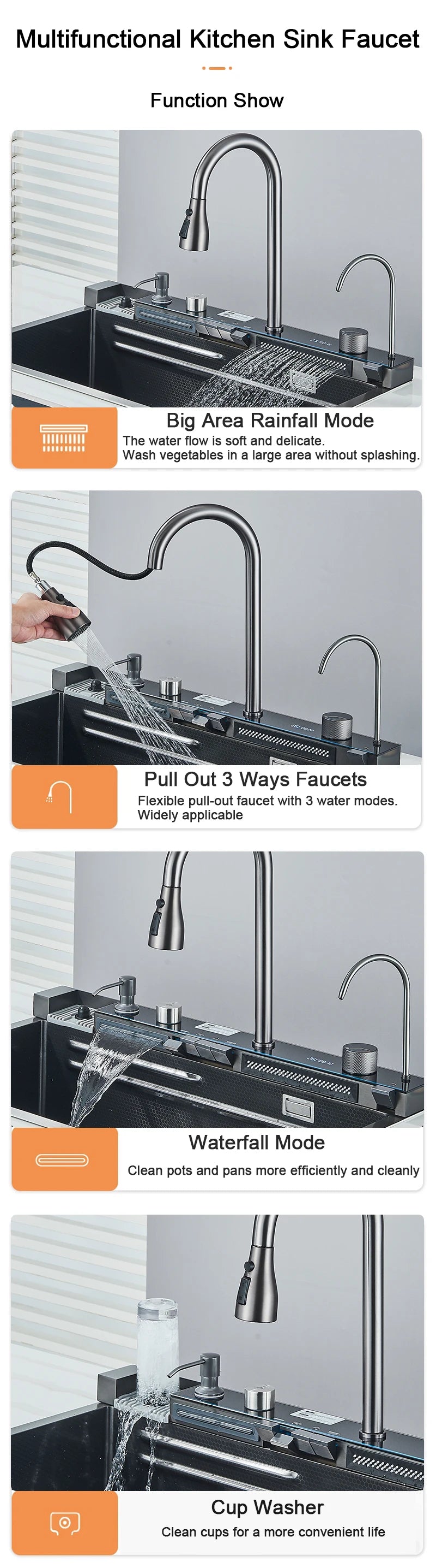 Rozin Stainless Steel Kitchen Sink With Faucet Waterfall