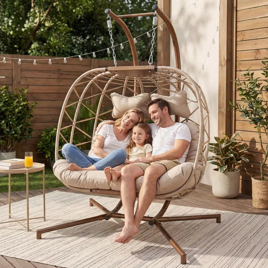 All Weather Double Hanging Egg Chair With Stand Outdoor Indoor
