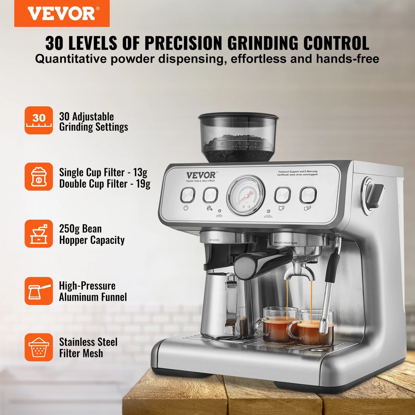 VEVOR Espresso Machine With Grinder 15 Bar Milk Frother