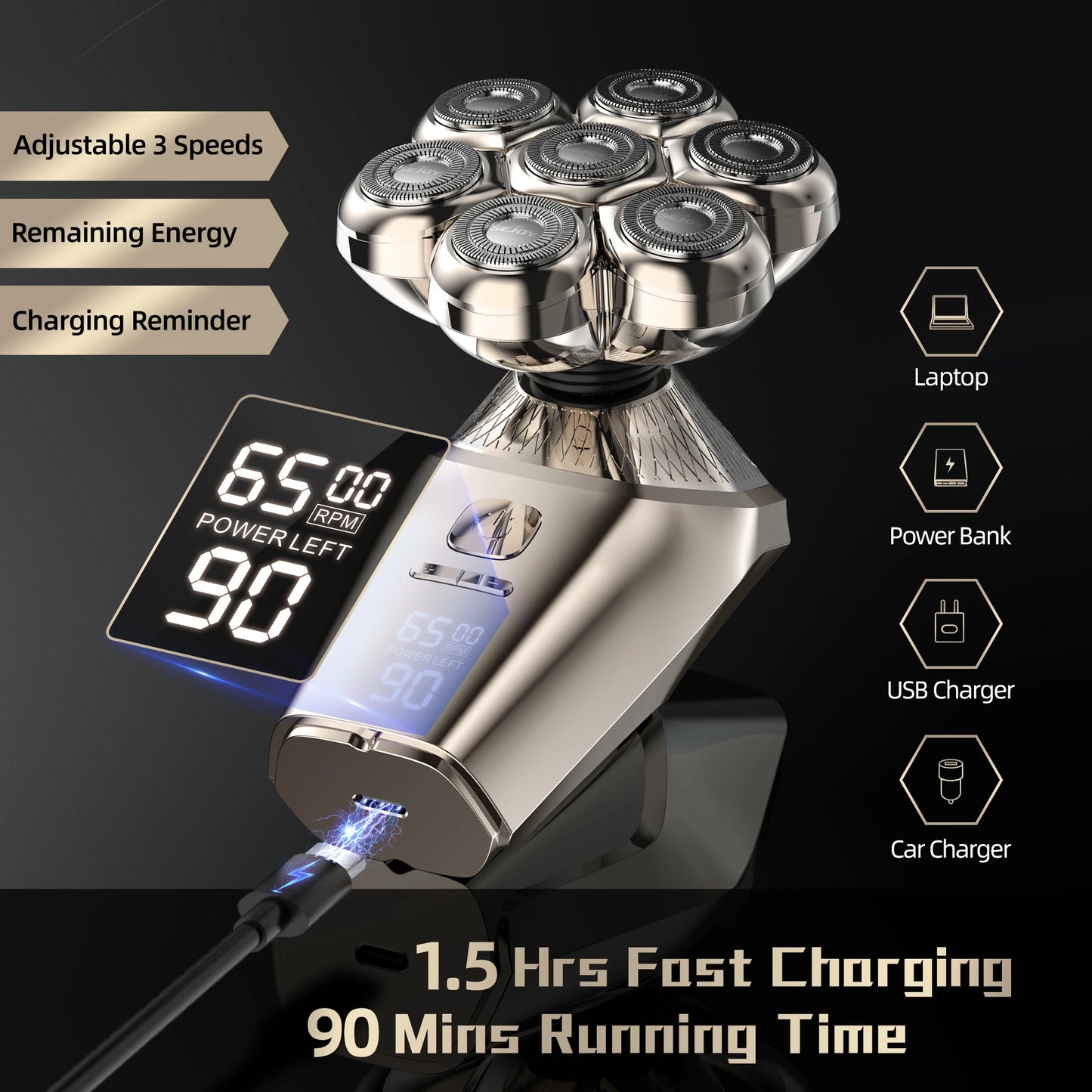 Sejoy Electric Head Shaver For Bald Men 7 Blades Floating