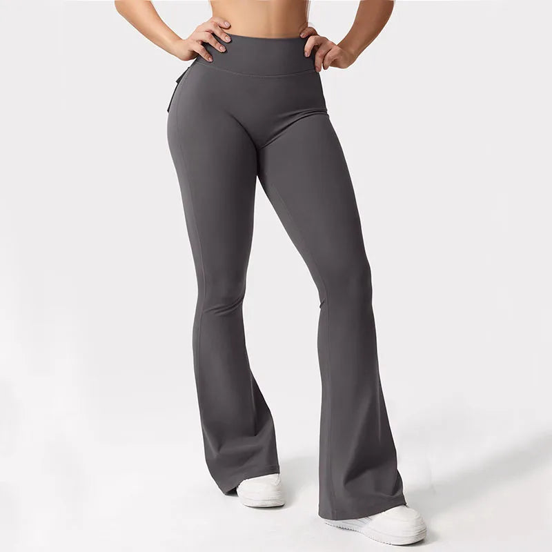 Women Yoga Flare Trousers High Waist Tummy-Control Wide Leg Pockets