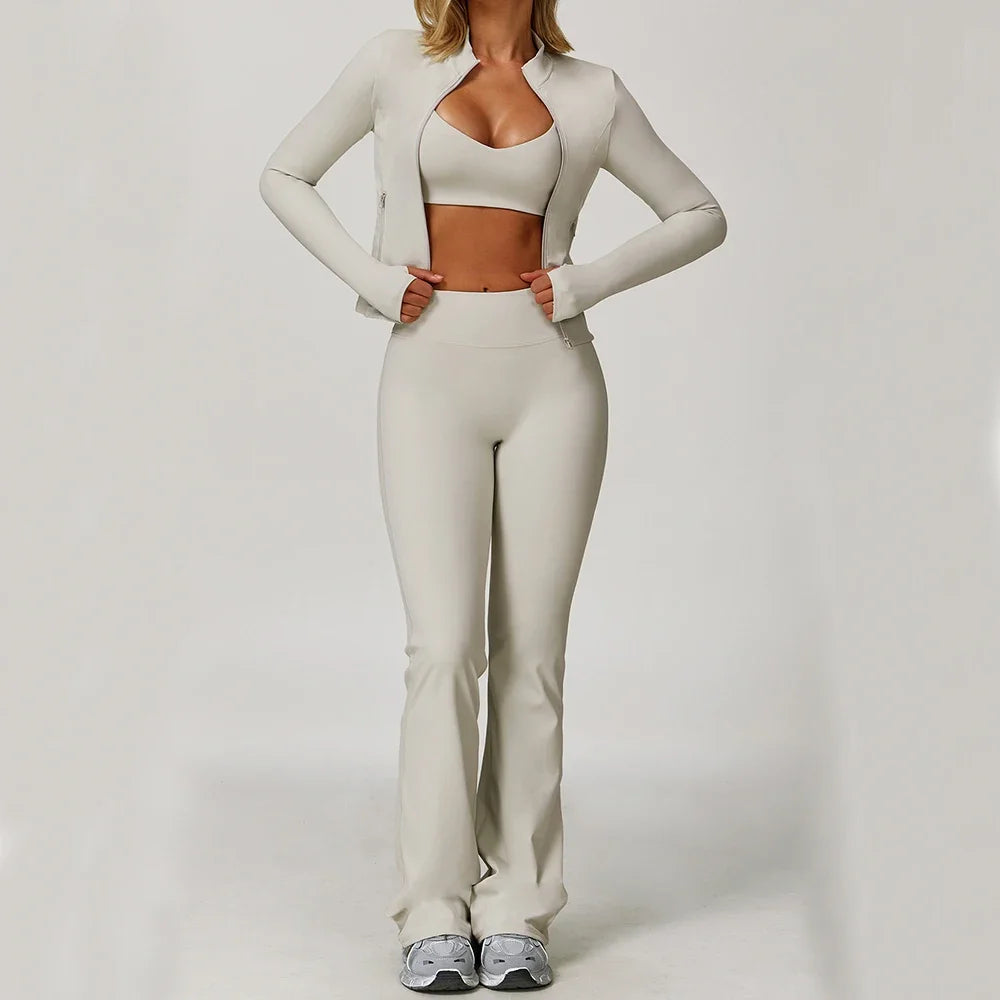 Women 3 Piece Gym Set Yoga Bra Jacket High Waistwear