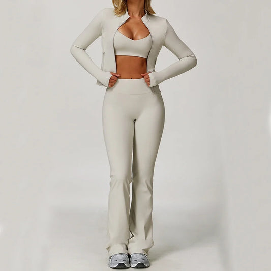 Women 3 Piece Gym Set Yoga Bra Jacket High Waistwear