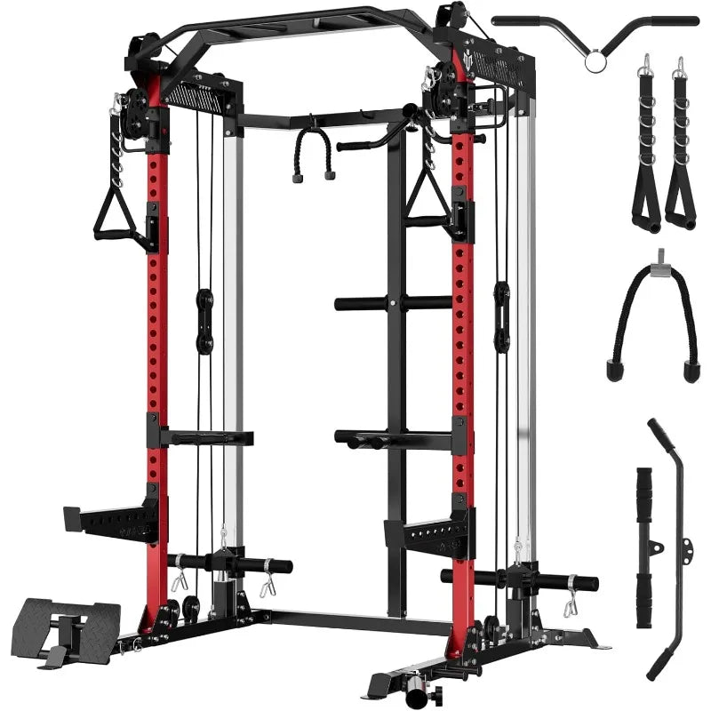 2000LB Squat Rack, Dual Pulley Cable Crossover System, Multi-function Free Weight Home Gym Workout Machine with Attachments