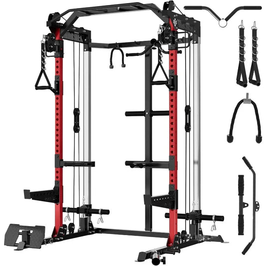 2000LB Squat Rack, Dual Pulley Cable Crossover System, Multi-function Free Weight Home Gym Workout Machine with Attachments