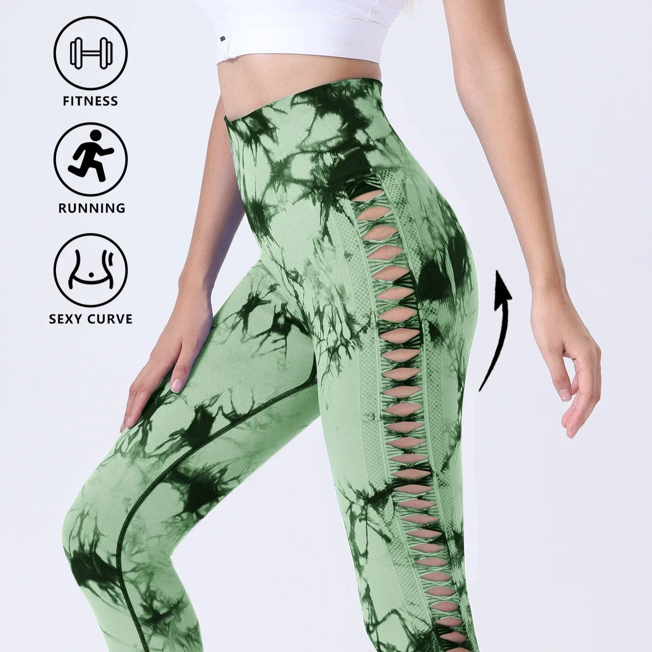US Warehouse Seamless Yoga Pants Women Sport Leggings Fitness Gym Tight Push Up Running Pants Hollow Out Tie Dye Thunder Print