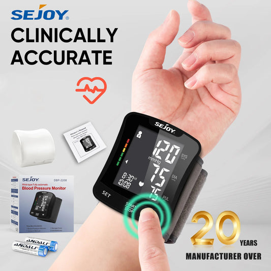 Sejoy Electronic Blood Pressure Monitor Wrist Cuff Tonometer Digital Sphygmomanometer with Large LCD Display