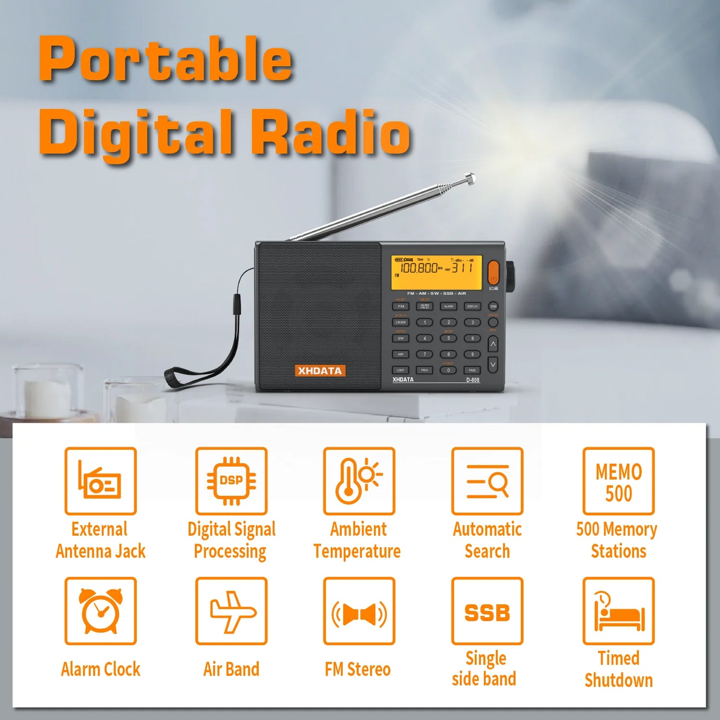 XHDATA D808 AM FM SW MW SSB Portable Radio Receiver