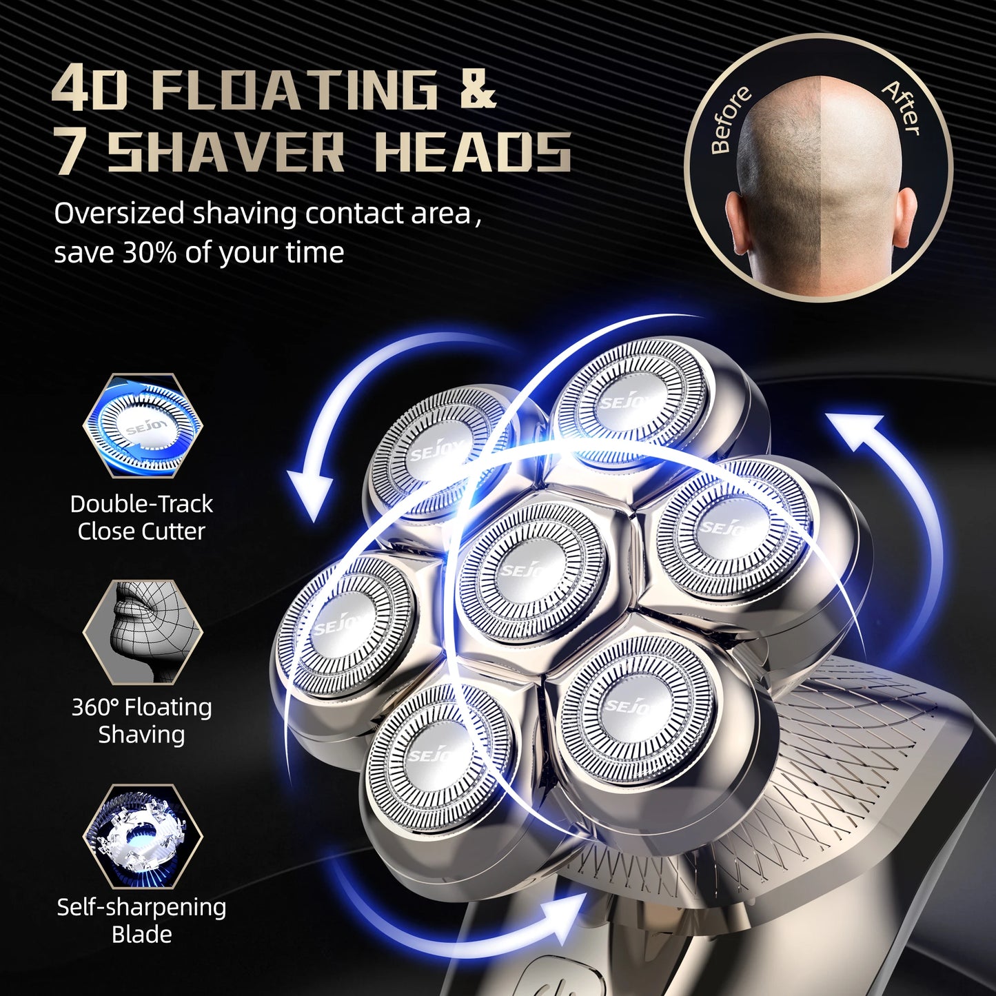 Sejoy Electric Head Shaver For Bald Men 7 Blades Floating