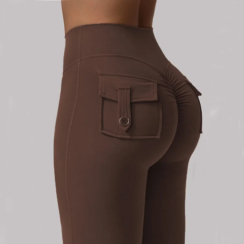 Women Yoga Flare Trousers High Waist Tummy-Control Wide Leg Pockets